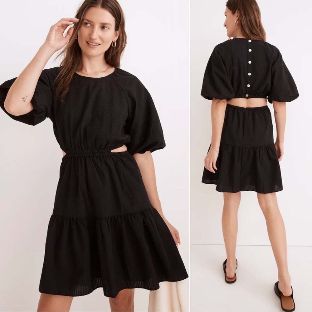 Madewell Seersucker Puff-Sleeve Cutout Mini Dress Black Women's Small NF870 $128